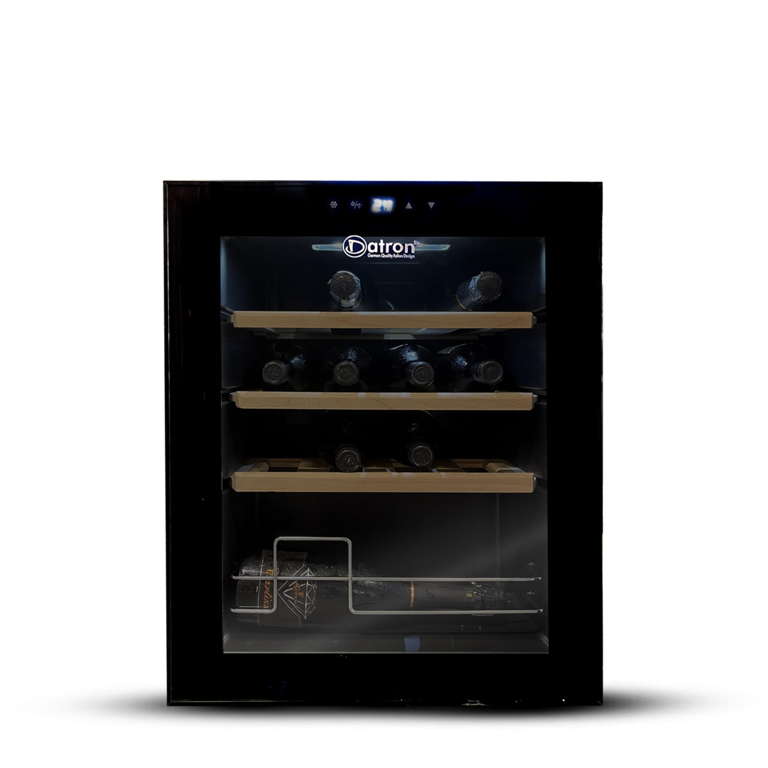 Datron Cantinetta Vino 15 bottiglie, Mono Temperatura (4-18°C), Tecnologia Compressore, Design elegante, Libera Istallazione, 3 Ripiani estraibili, Compatta, Display Touch