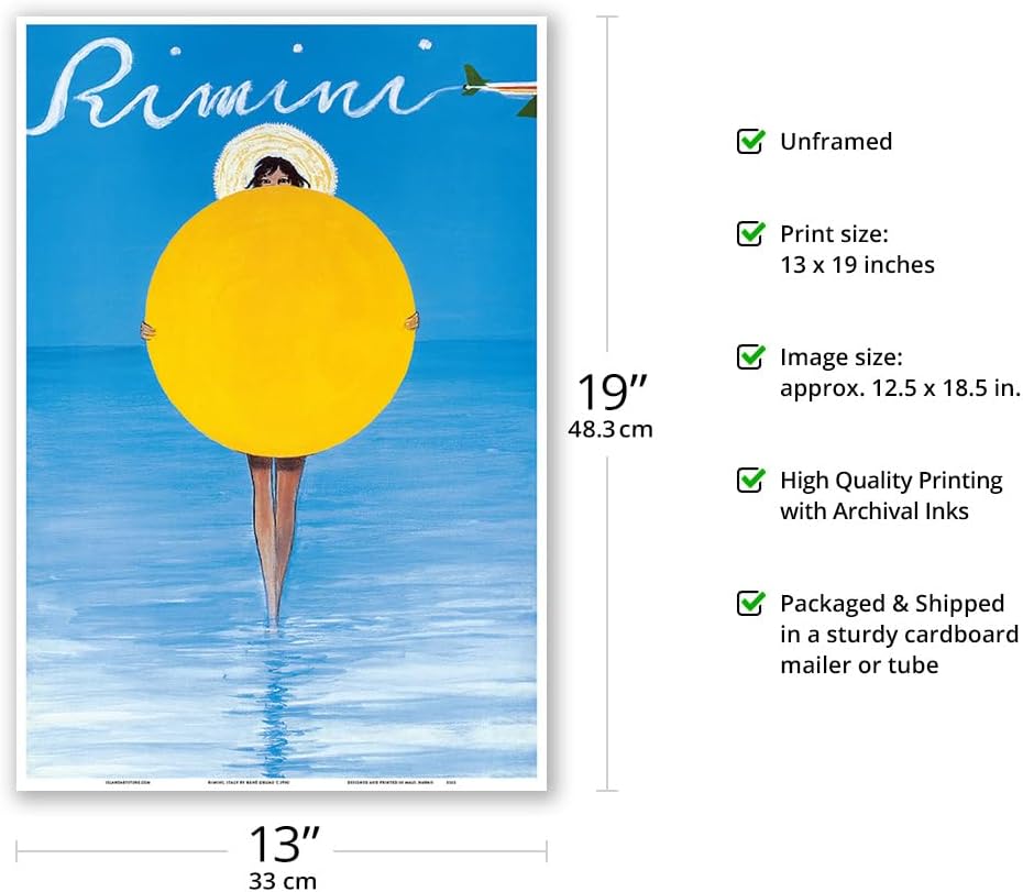 Rimini Italy - Italian Girl with Sun Beach Umbrella - Vintage Travel Poster by René Gruau c.1990 - Master Art Print (Unframed) 13in x 19in