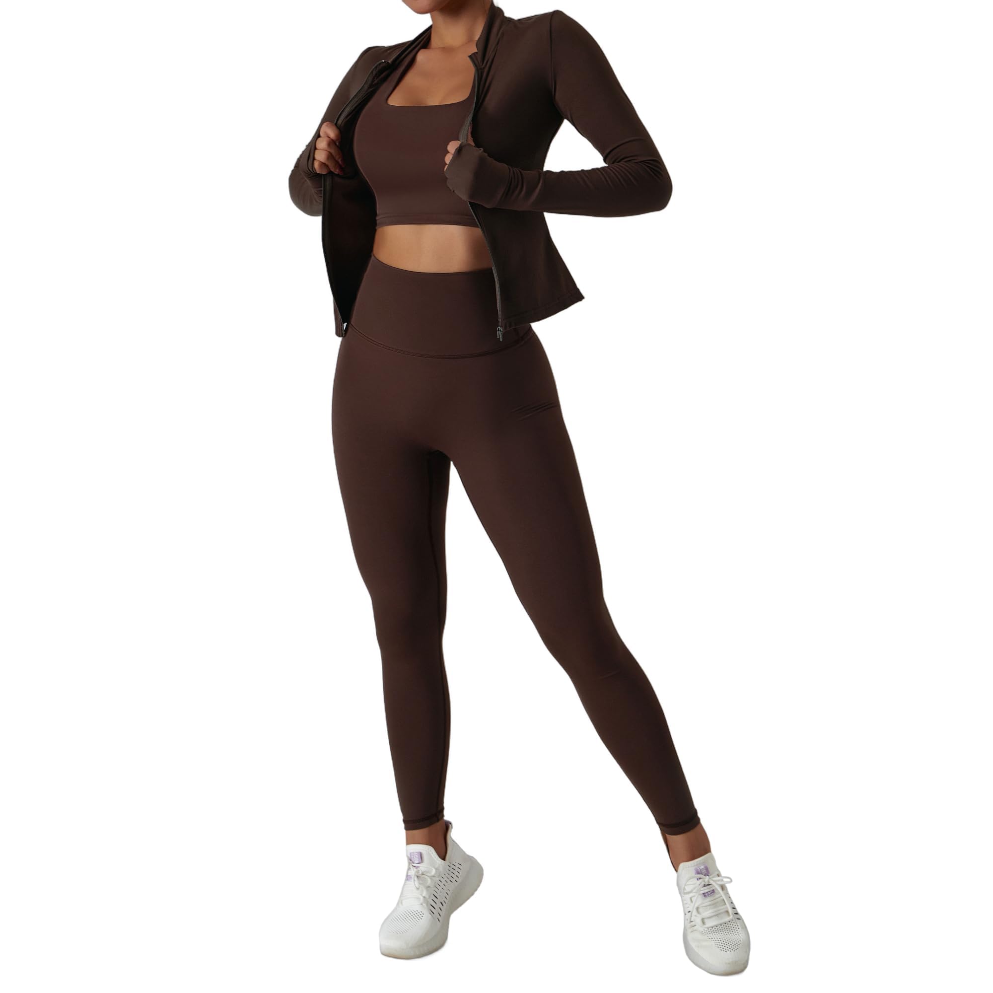 Conjunto de entrenamiento de 3 piezas para mujer, brasier deportivo, leggings y chaqueta con agujeros para los pulgares, ropa deportiva para yoga, gimnasio, correr, entrenamiento