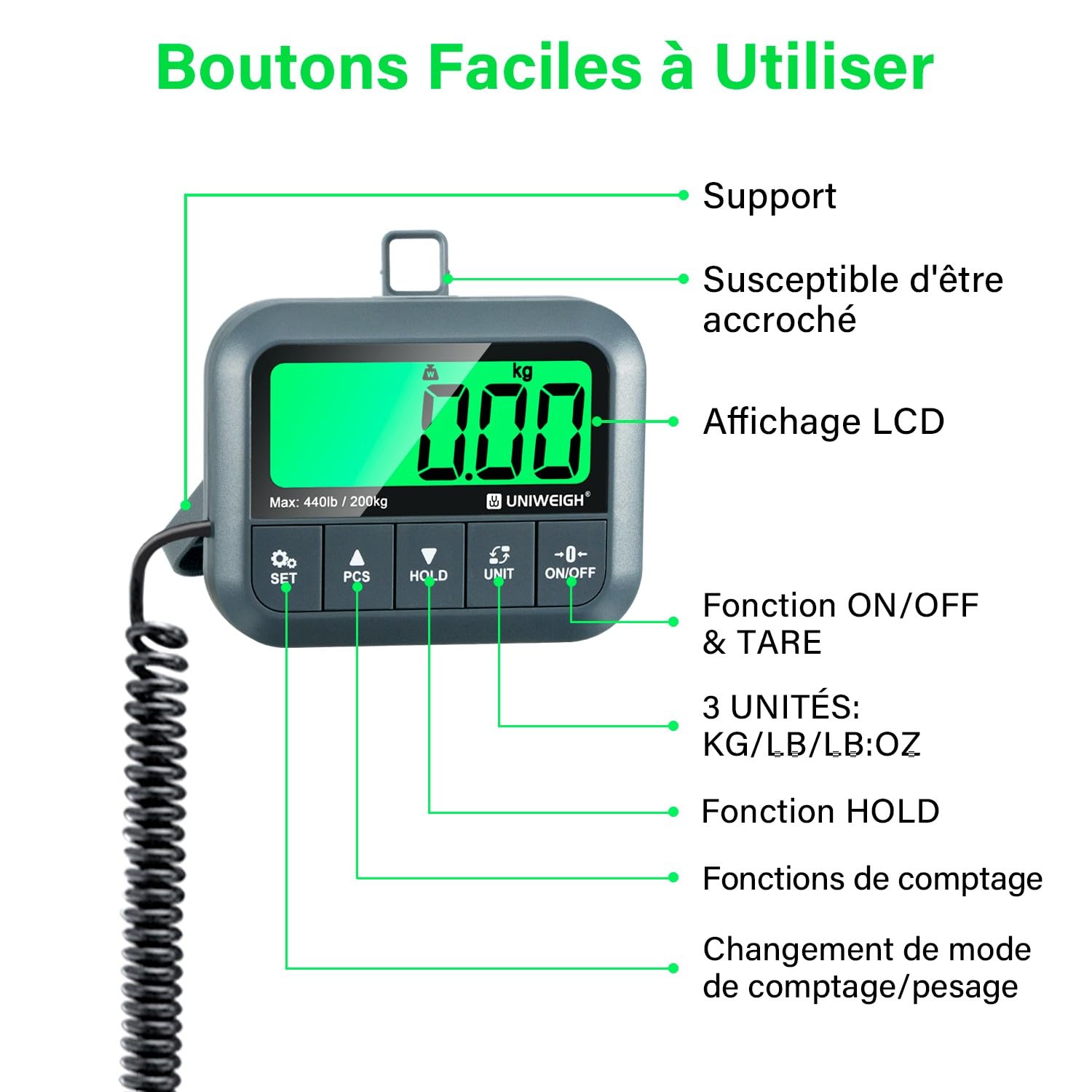 UNIWEIGH Balance postale numérique 200 kg, précision 9,9 g, maintien/tare/comptage, balance colis commercial