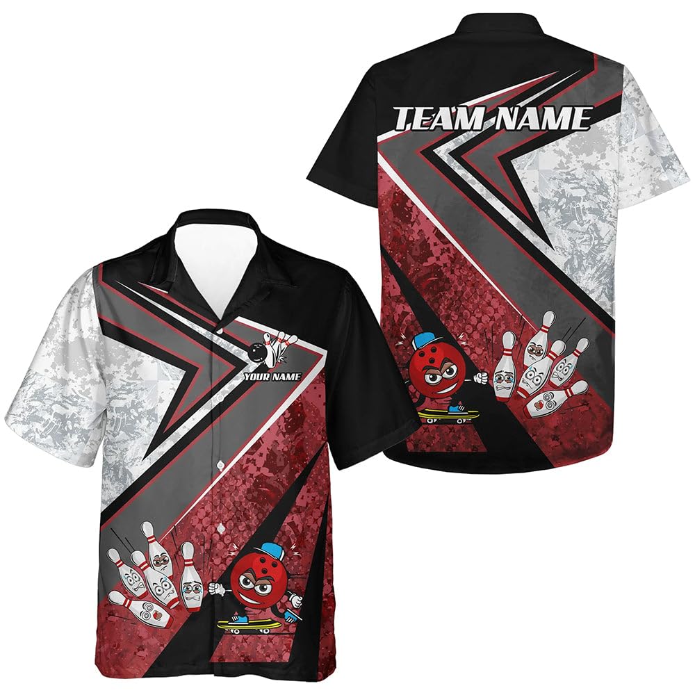 Personalized Bowling Shirts, Bowling Jerseys for Men, Hawaiian Shirt for Men, Funny Bowlers Ball and Pins Bowlers Hawaiian Shirt Custom Camo Button Up Shirts, Short Sleeve Clothes Team Lover Gifts