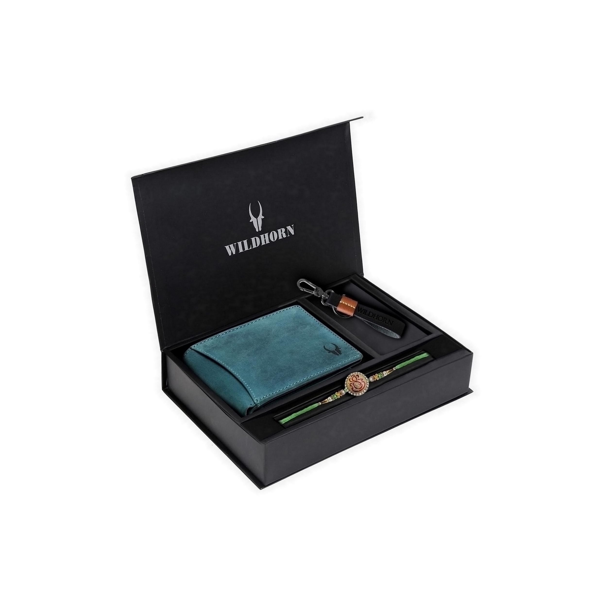 WildHornRakhi Gift Hamper for Brother - Classic Men's Combo/Gift Set of Leather Wallet, Keyring and Rakhi for Brother/Bhaiya. (Blue Hunter)