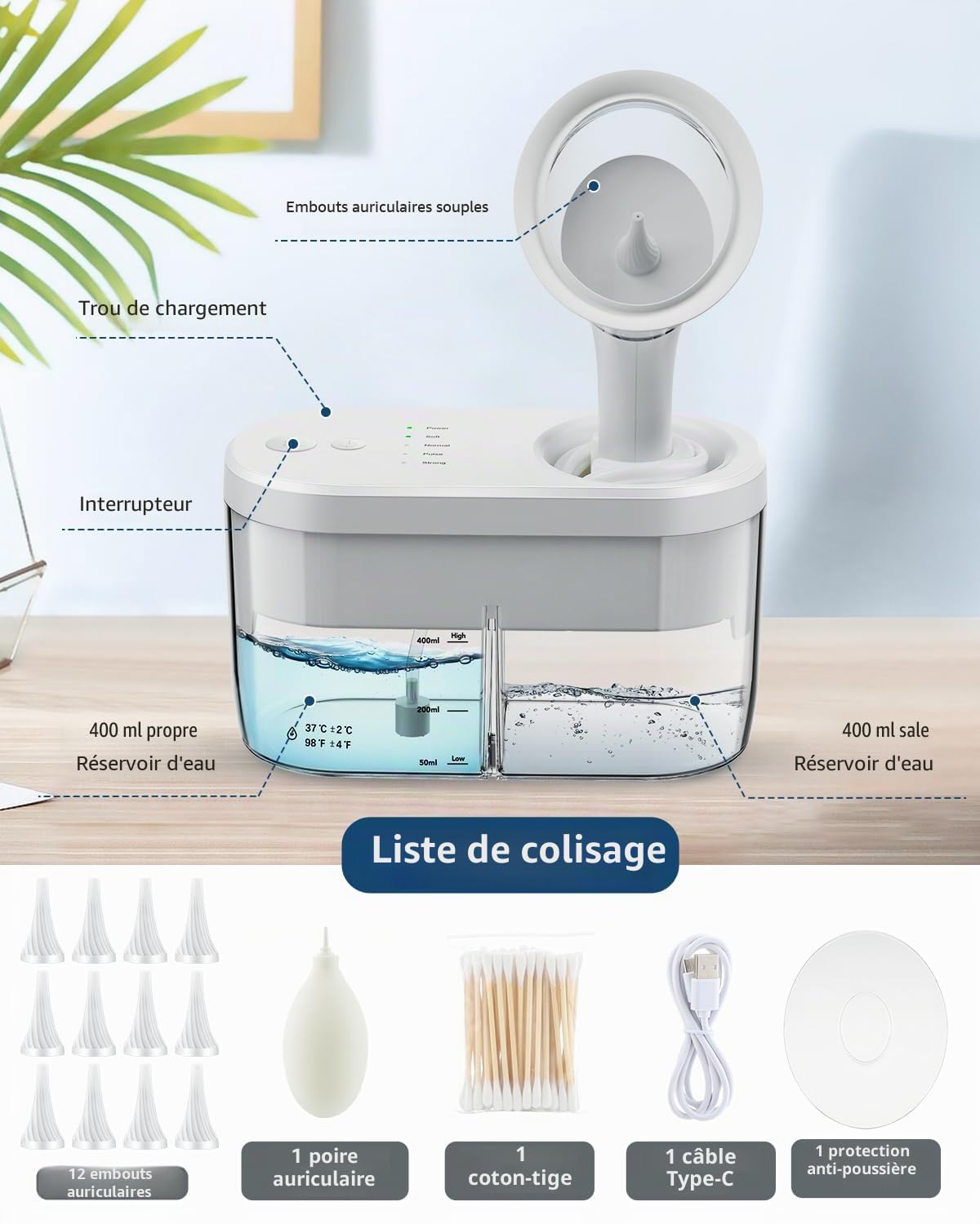 Kit De Cire D'oreille électrique, Outil De Nettoyeur D'oreille,nettoyage Efficace De L'oreille Avec 4 Modes Et Recyclage Automatique Des Eaux Usées Pour Les Enfants Adultes