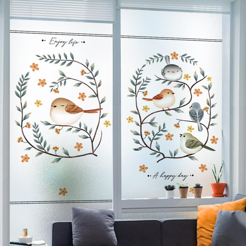 Blue Leaves Orange Privacy Film for Glass Windows Opaque Window Film Stained Glass Window Film