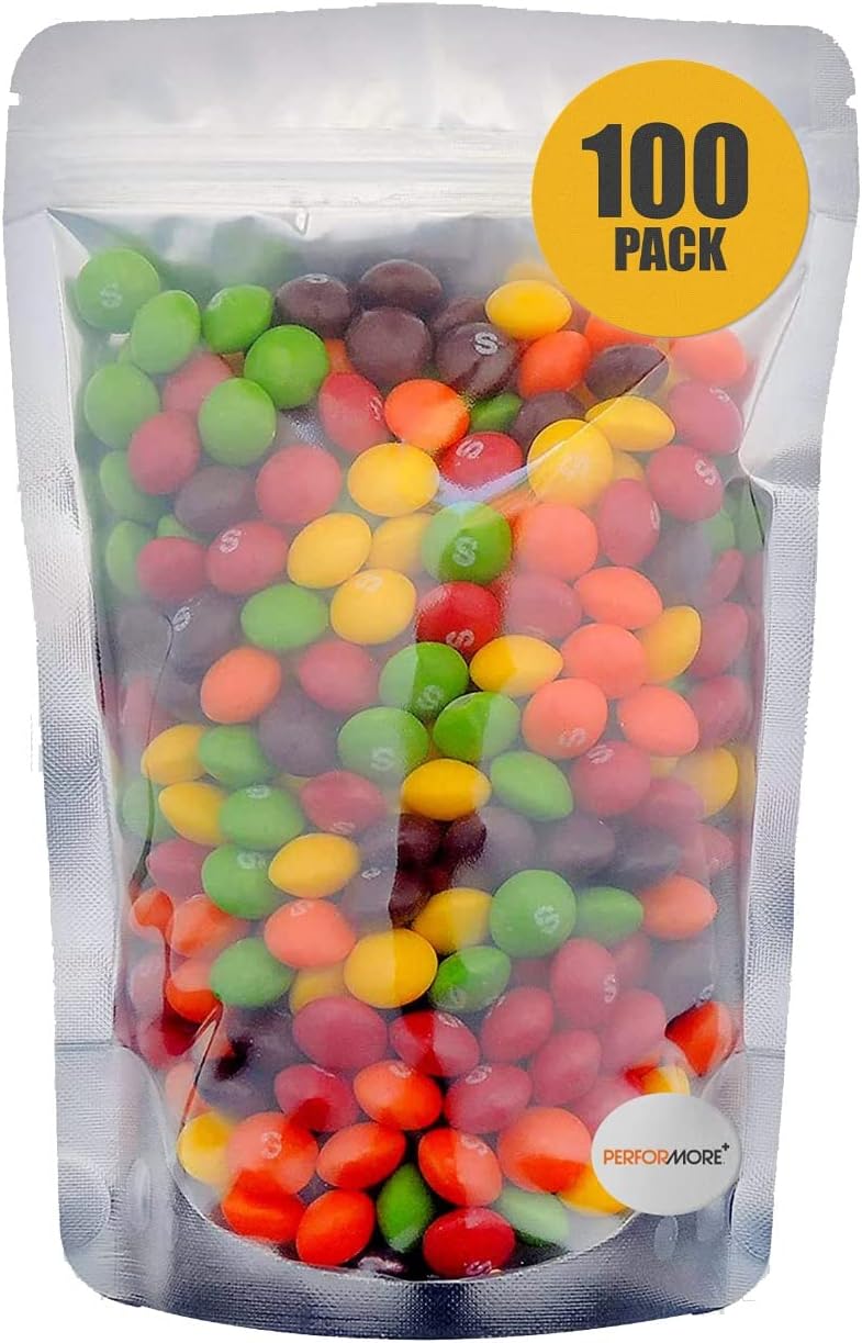 Performore 5 x 8 Inch Stand Up Pouch Bags, Resealable Ziplock Bags For Food Storage, Heavy Duty Mylar Bags, Odor Proof Resealable Bags, Clear Front With Aluminum Foil Back, Heat Sealable, 100 Pack