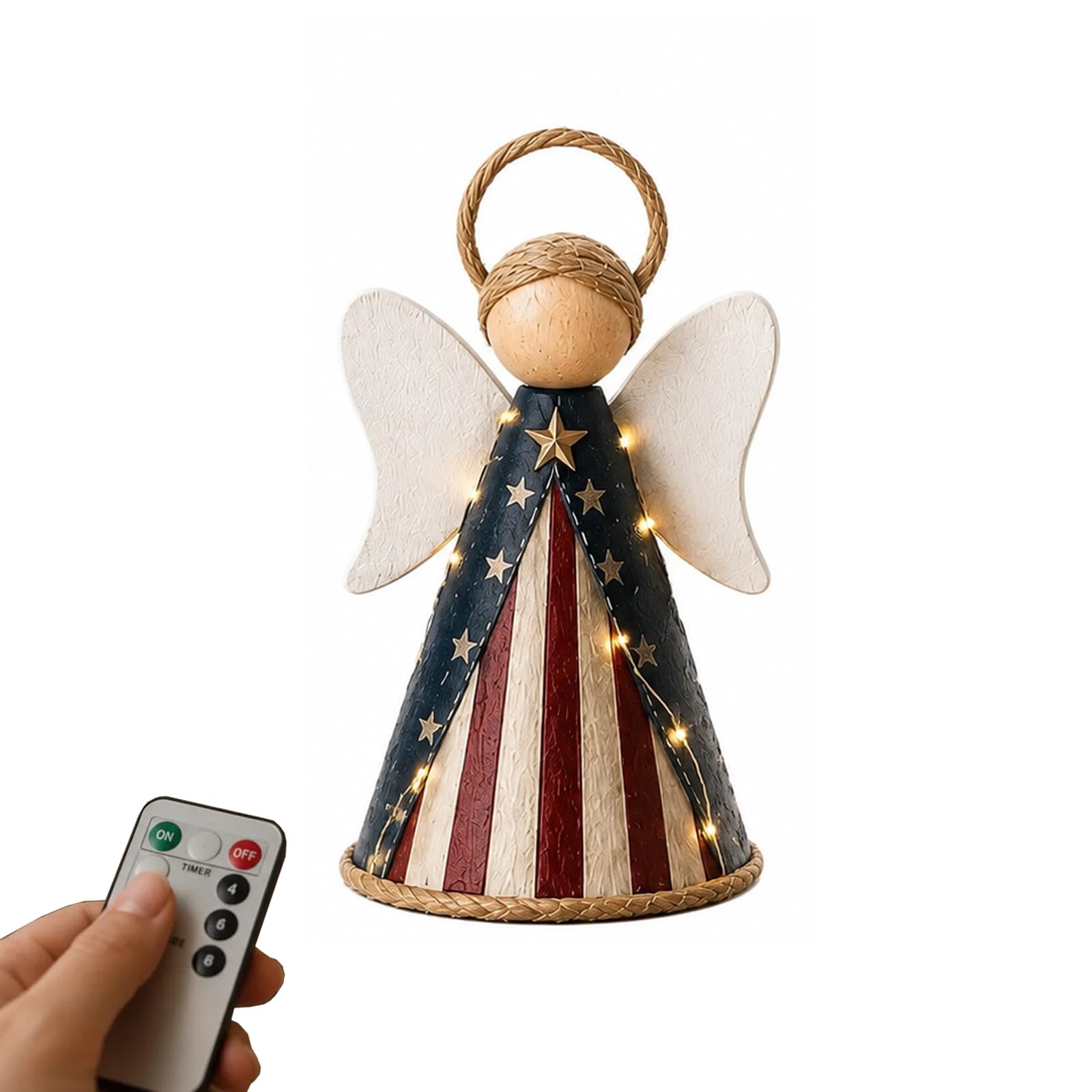 Lighted Angel Figurine Decor, Rustic Farmhouse Angel Tabletop Decoration with LED Lights, Patriotic Home Decoration and Gift, for Christmas, Seasonal Holidays (A)