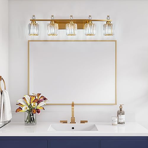 Miniatura 3 de Luces de tocador de baño de 5 luces doradas modernas de cristal para tocador sobre espejo de cristal para tocador de baño