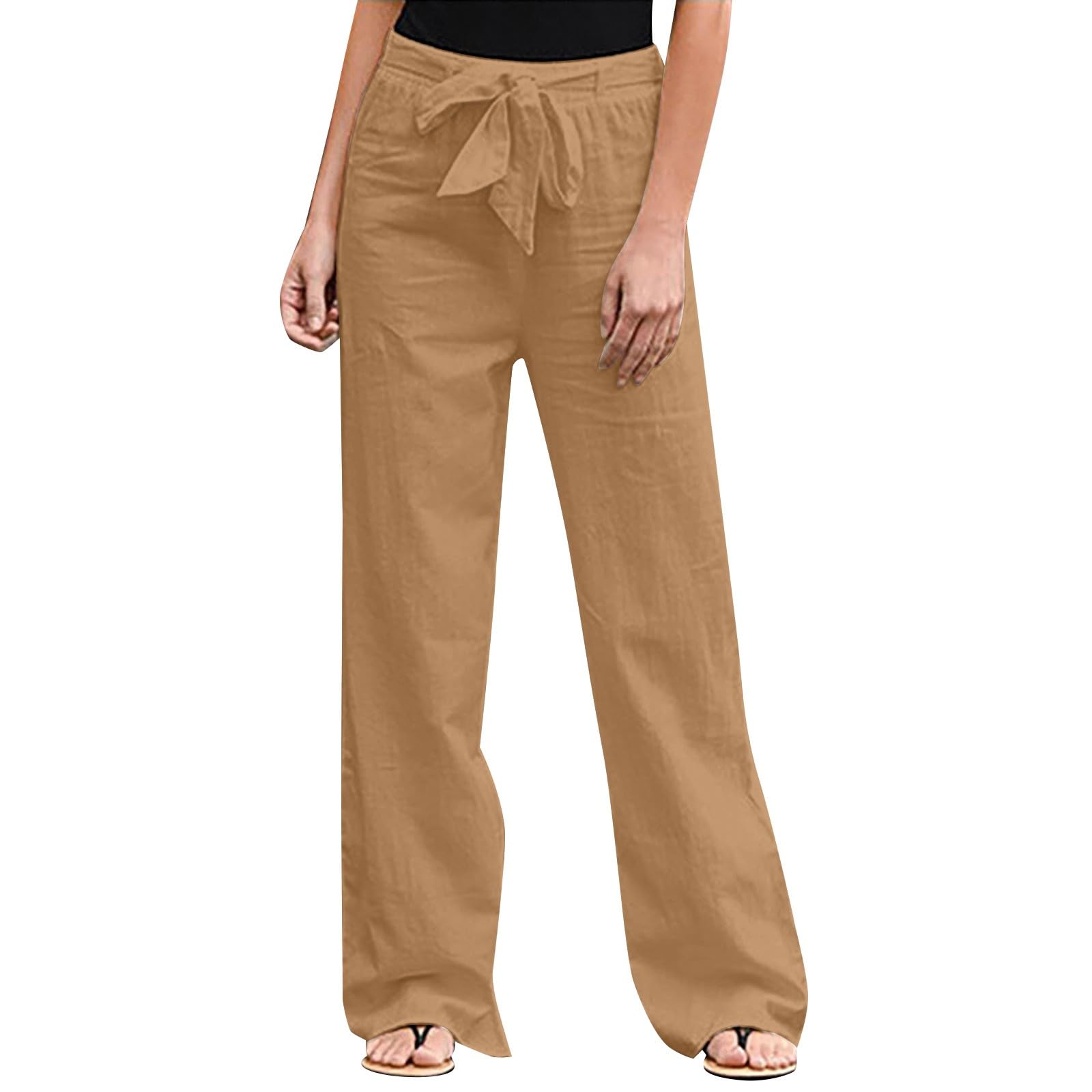Womens Trousers Solid Color Elastic Waist Cotton Linen Wide Leg Pants Business Casual Pants for Women Size 14