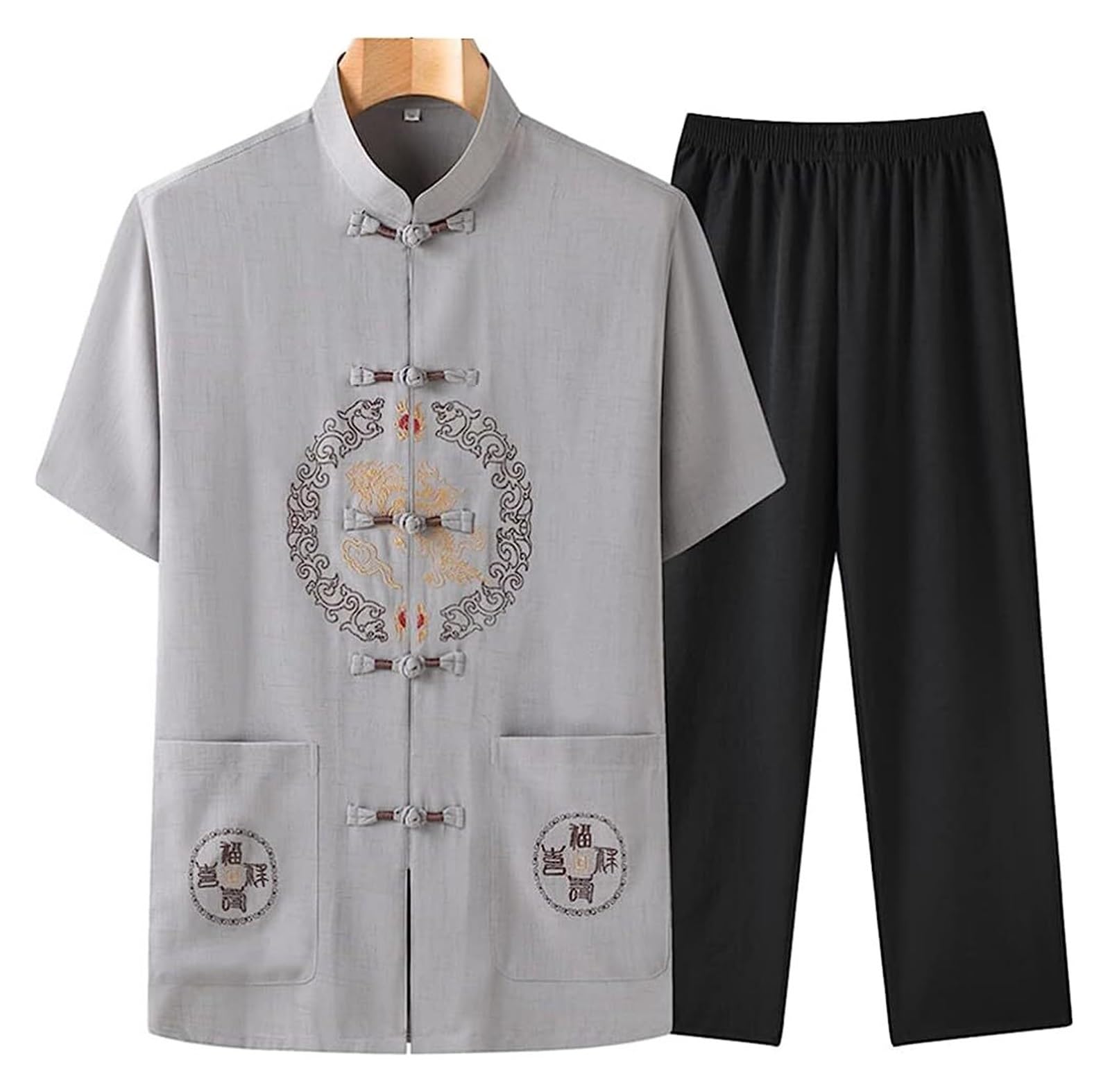 Letni mundur Tai Chi Tang Garnitur Męski tradycyjny chiński strój, haftowana koszula i spodnie z krótkim rękawem, bawełniana lniana odzież Kung Fu, do sztuk walki,Mundur Tai Chi(Grey1,L XL)