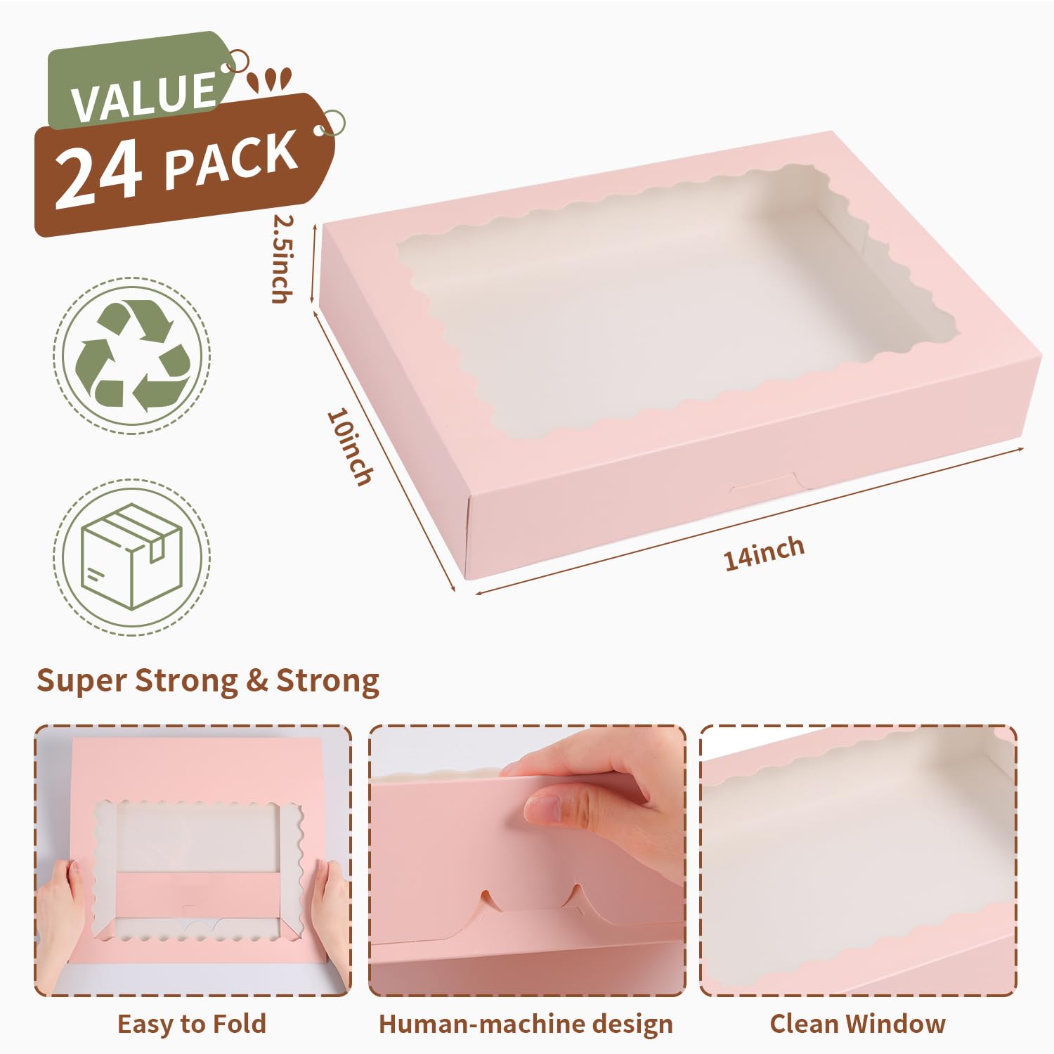 24 cajas de galletas, cajas grandes de panadería de 14 x 10 x 2.5 pulgadas con ventana para pasteles, chocolate, fresas, magdalenas, donas, pasteles, postres, Navidad (rosa)