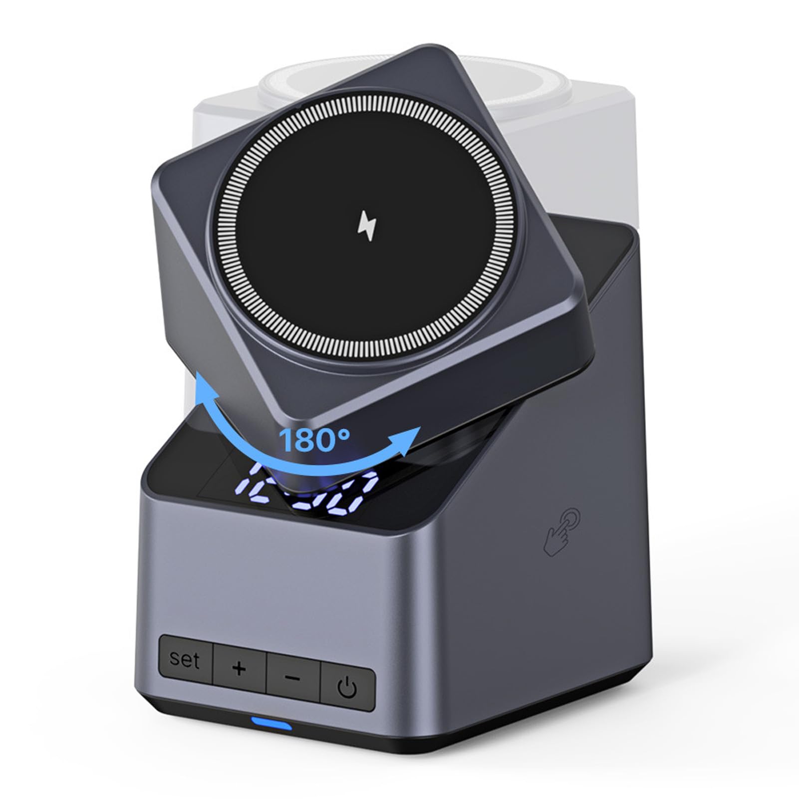Fabater Stazione di Ricarica Wireless 4 in 1 per Telefono, Smartwatch, Auricolari, Supporto Magnetico per Caricabatterie con Rotazione di 180 Gradi e Display Orologio