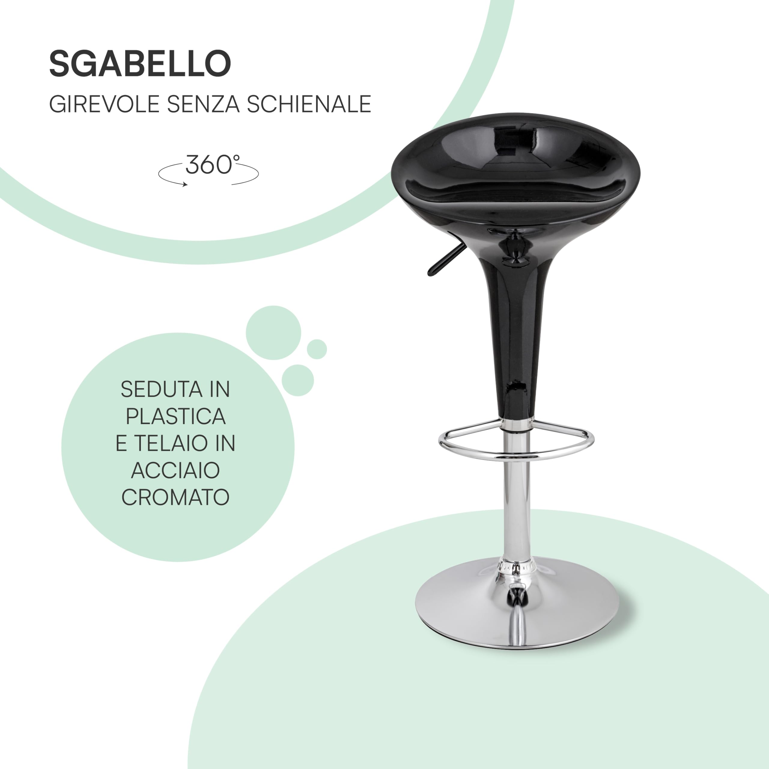 Baroni Home Sgabello Bar Girevole con Altezza Regolabile, Seduta in Plastica Base Cromata con Poggiapiedi e Fondo Antigraffio, Sgabello Cucina, Ristorante, Penisola, 40x45x59-79 cm, Nero, 1 Pezzo