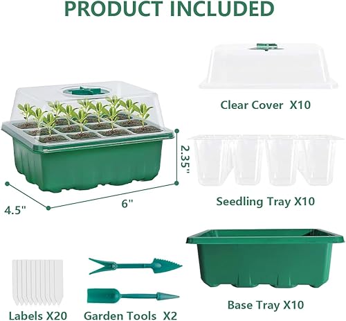 Miniatura 7 de Bandejas iniciales de semillas, 12 celdas x 10 paquetes de humedad ajustable para plantas con cúpula y base para invernadero y jardines (bandeja de