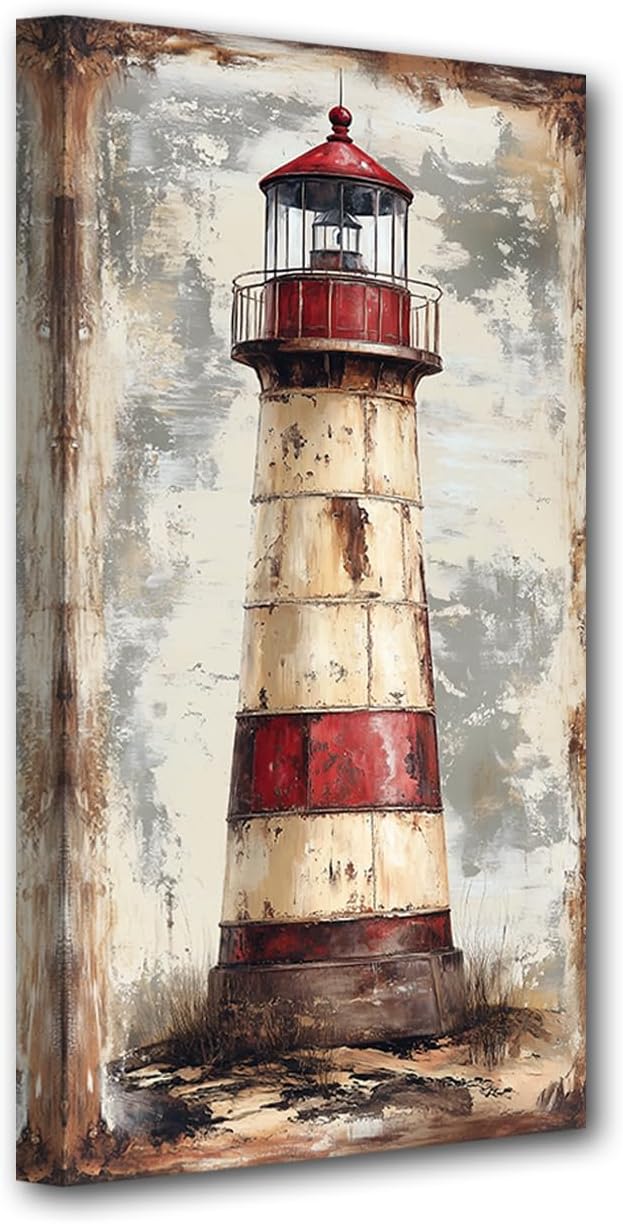 PBXBJY Lighthouse Canvas Wall Art Coastal Painting Print Vintage Lighthouse Picture Ocean Theme Poster Living Room Office Bedroom Decor Frame (12.00" x 24.00")