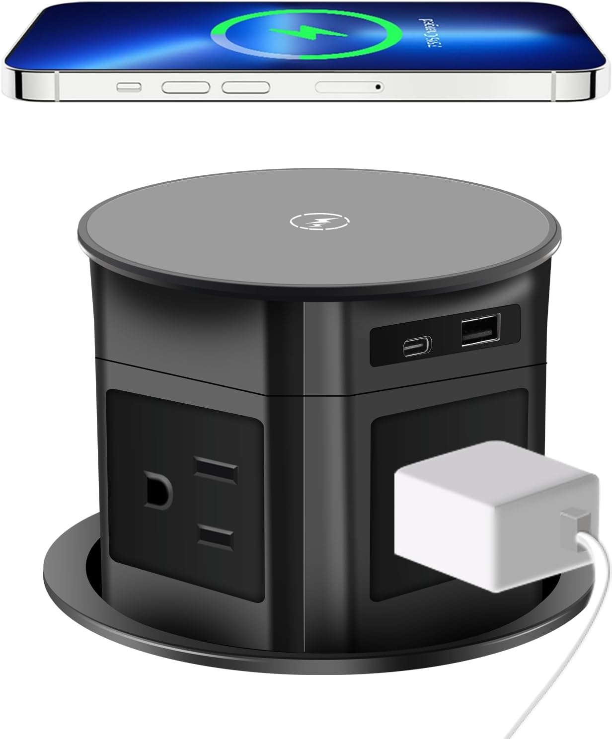Pop Up Outlet; 15W Wireless Charger, 4 Outlets 1875W USB-A/C PD20W Super Charging 6.5FT 16AWG Cable 3.86 inch Desk Hole Pop Up Power Outlet for Kitchen Countertop,Office Table UL Testing-Black