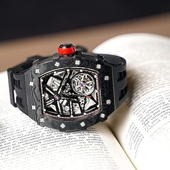 TSAR BOMBA Automatic Men's Watch Mechanical Skeleton Watches for Men 50M Waterproof Luxury Tonneau Design Analogue Wristwatch Square Stylish Sports Silver Stainless Steel Silicone Strap Gift for Men