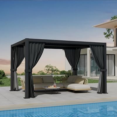 BESUNYST Louvered Pergola 10'×13', Aluminum Pergola with Adjustable Roof, Pergolas with Curtains and Netting, Modern Outdoor Pergolas for Patio, Deck, Backyard, Black (10'×13' with Curtain)