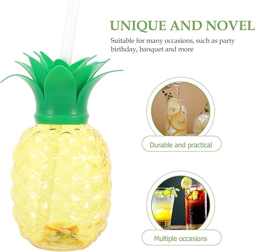 Miniatura 4 de BESTonZON 3 tazas de piña, 16.9 fl oz con luz LED con popote y tapa, tazas con forma de fruta hawaiana en forma de piña, tazas de agua de vidrio de