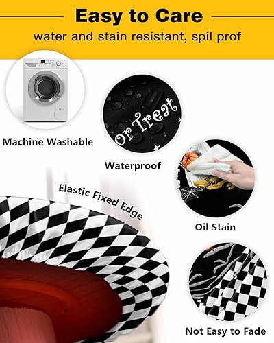 Miniatura 3 de Mantel ajustable de Halloween para mesa redonda, con citas de truco o trato, con borde elástico, impermeable, diseño de cara de fantasma y calabaza,