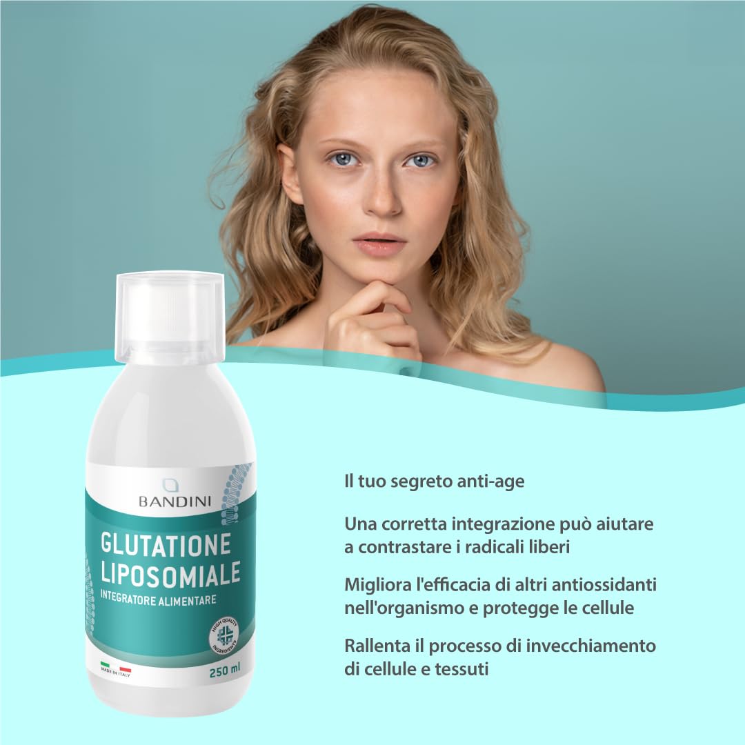 Bandini® Glutatione Liposomiale 250ml | 250mg di L-Glutatione Setria Ridotto e Bioattivo da Fermentazione per Dose | Antiossidante, Anti Invecchiamento, Contrasta i Radicali Liberi | Senza OGM, Vegan
