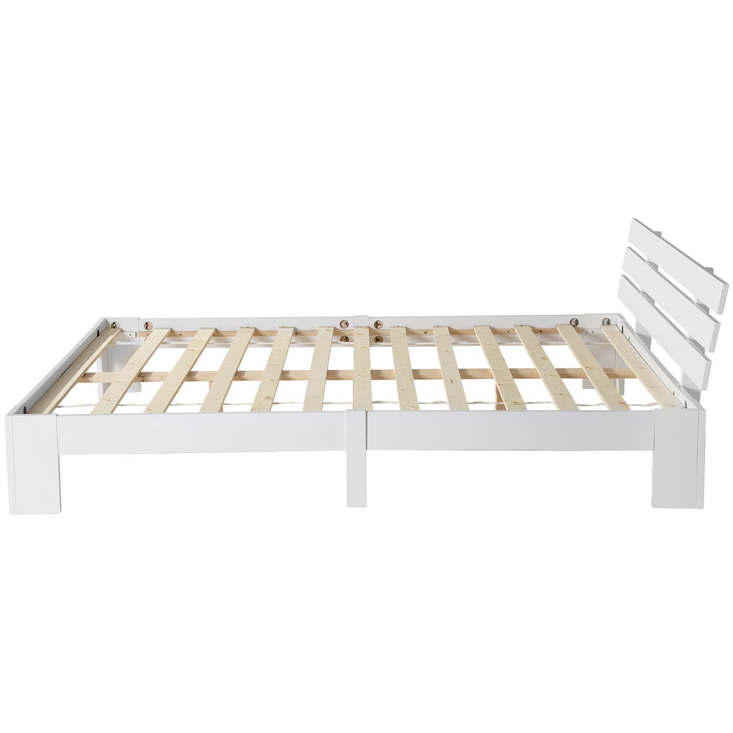 Merax Letto in legno massiccio, letto matrimoniale, telaio in legno con testiera e rete a doghe, 140 x 200 cm, supporto per doghe in legno, spazio sotto il letto, mobili per camera da letto, bianco