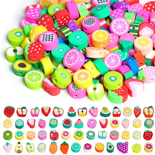 100 unidades de cuentas de frutas para manualidades, accesorios para pulseras, cuentas de cerámica suave para niños y niñas, collares, pendientes, colgantes y otras decoraciones Cover