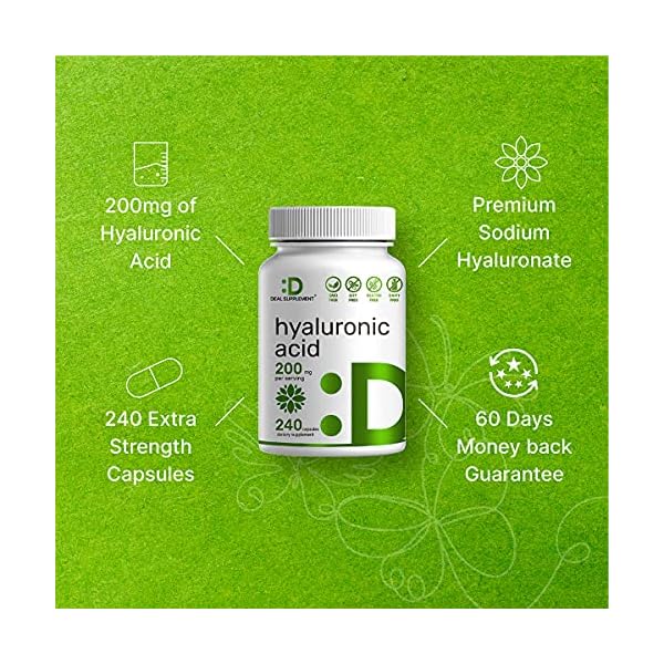Hyaluronic-Acid-Supplements-200mg-240-Capsules-4-Months-Supply-Improve-Skin-Face-Hair-Nail-Condition-and-Support-Healthy-Joints-Bones-Connective-Tissue Hyaluronic Acid Supplements 1,500mg – 240 Capsules, with MSM & Vitamin C – Pure 95% | Non-GMO + Plant Based HA – Supports Healthy Joints, Bones, Connective Tissue, & Skin Hydration