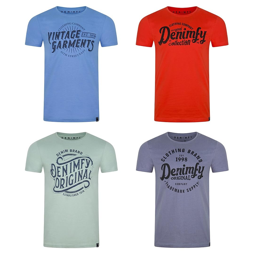 DENIMFY Tshirt Herren Baumwolle Regular Fit DFNuri 4er Pack Set Rundhals Kurzarm Sommer Tee Shirt Logoprint Schwarz Weiß Blau Grün Rot Grau S M L XL XXL 3XL 4XL 5XL