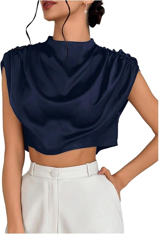 OYOANGLE Women's Summer Satin Work Blouse Silk Dressy Business Top Shirts | Dressy Crop Top,Draped Cowl Neck,Business Casual Tops for Women,Short Cap Sleeve,Satin Work Tops