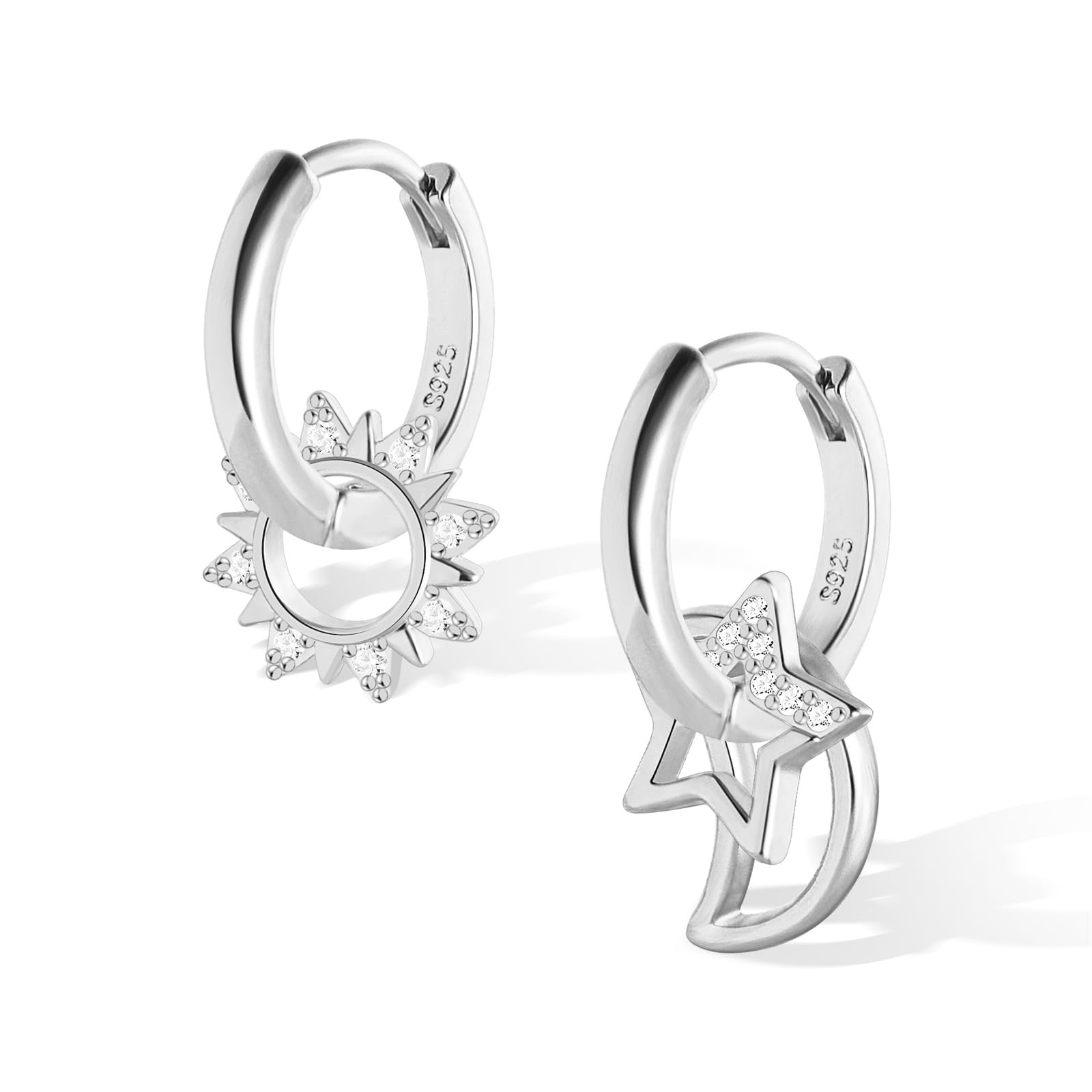 ALEXCRAFT Pendientes Luna Estrella Sole 925 para Mujer Chapado 14K Oro