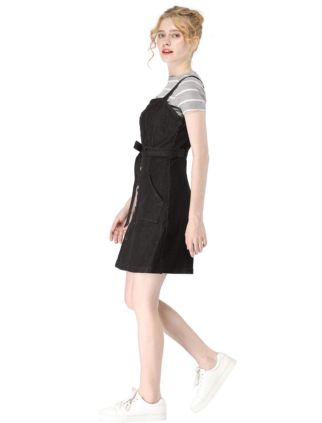 Allegra K Damen A Linie Knopfleiste Bindegürtel Jeans Latzkleid Kleid
