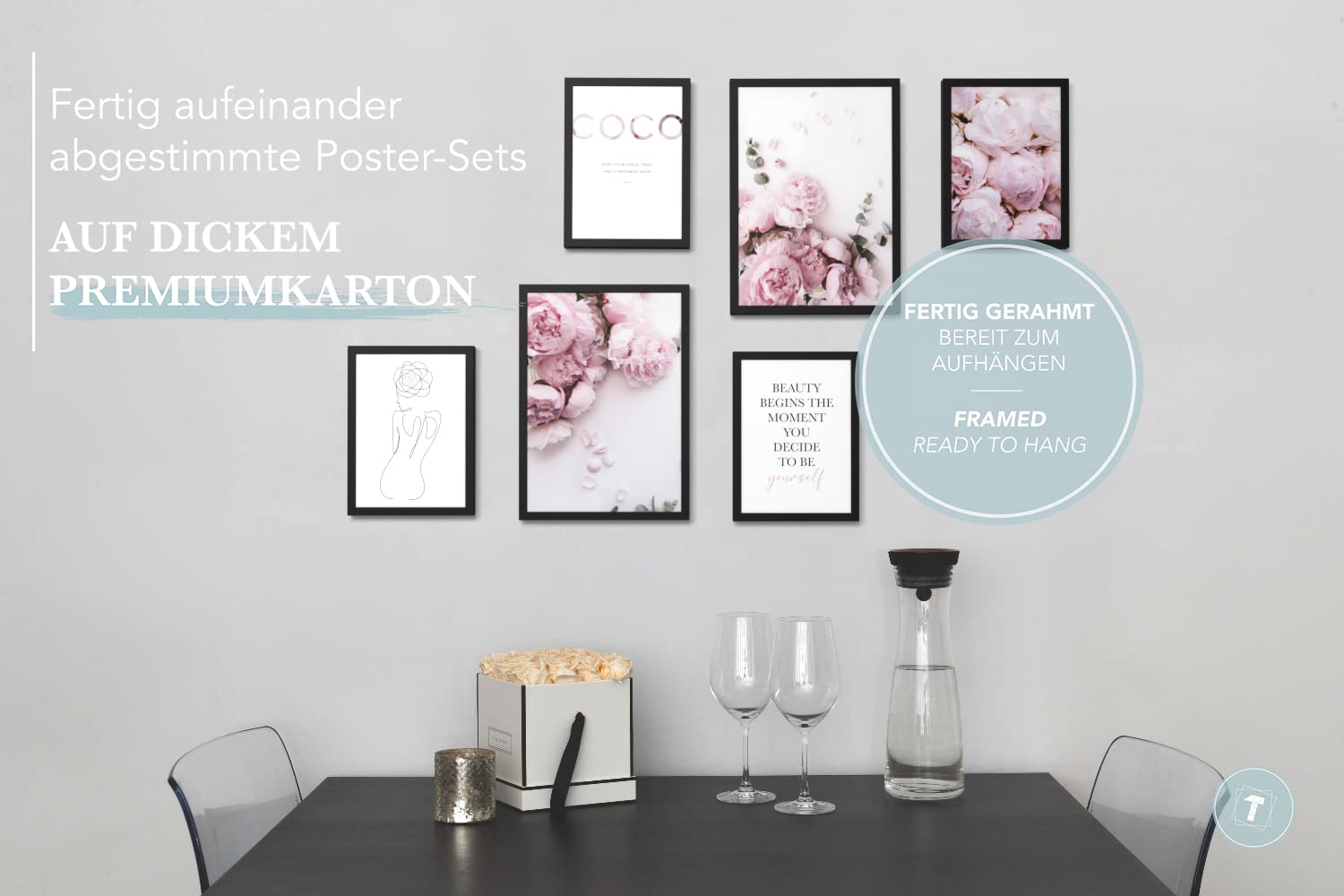 Papierschmiede® Mood Poster Set Coco Peony, Fertiges Bilder Set mit Rahmen (Holz, schwarz), Wohnzimmer Deko Schlafzimmer, 2x DIN A4 und 4x DIN A5, rosa Pfingstrosen Eukalyptus Floral