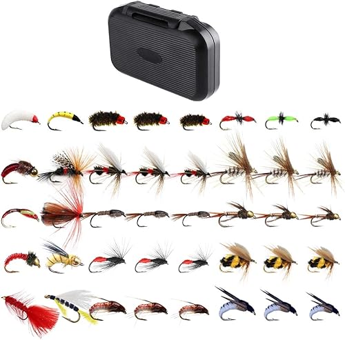 Qievcrme Kit de moscas de pesca con mosca, 40137 piezas, surtido de moscas secashúmedas, serpentina para trucha, lubina, pez + caja de moscas