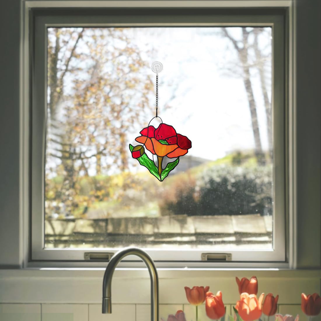 BOXCASA Vidriera de amapola roja para colgar, decoración de flores de amapola para ventana, adorno de Navidad, regalos temáticos de flores de amapola roja para mujeres amantes de las flores de amapola