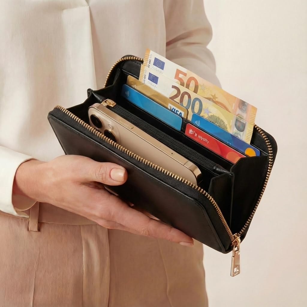 MillyMilk® Leder Geldbörse Groß Pura – Damen Portemonnaie Clutch mit Handyfach – Gepolsterte Kunstleder Brieftasche Vegan mit Vielen Fächern für 16 Karten, Münzen & Scheine (SCHWARZ)