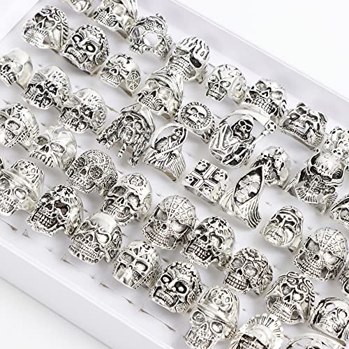 Wholesale 20Pcs Punk Biker Gothic Skull Rings For Men Mix Styles Silver Color Plated Party Jewelry Accessories Gifts3