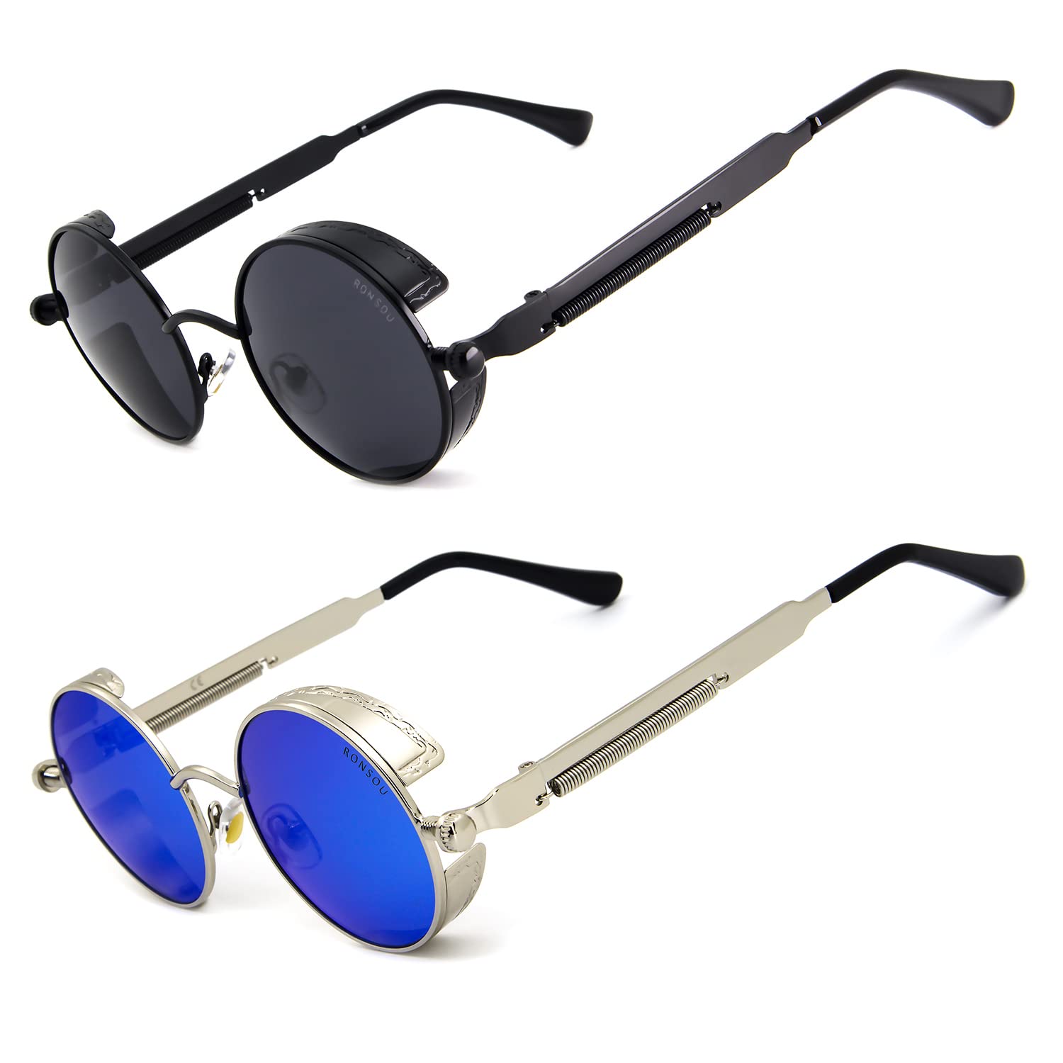 RONSOU Steampunk Round Polarized Sunglasses for Men Women UV400 Protection