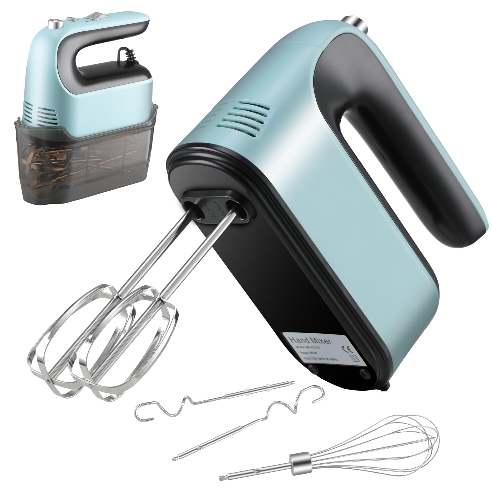 Hand Mixer Electric Whisk, Food Kitchen Mixer, 5 Self Control Speed with Turbo Button, Electric Whisk with Storage Case, 5 Stainless Steel Accessories for Baking, Dough, Bread, Eggs, Cream (Blue)