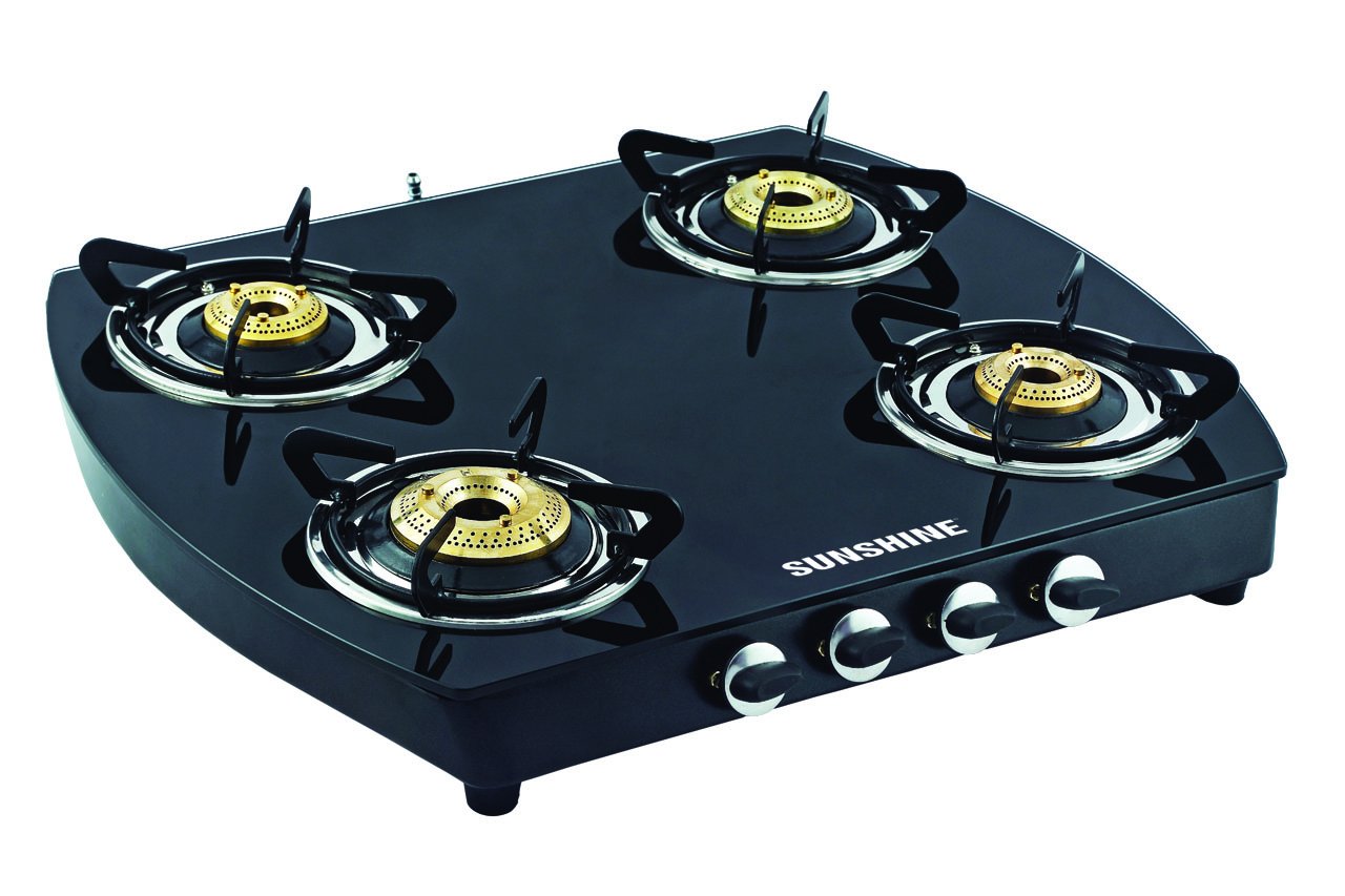 9. SUNSHINE Glass Top Alfa Oval MS 4 Burner Gas Stove Manual Ignition (Black, ISI Certified)