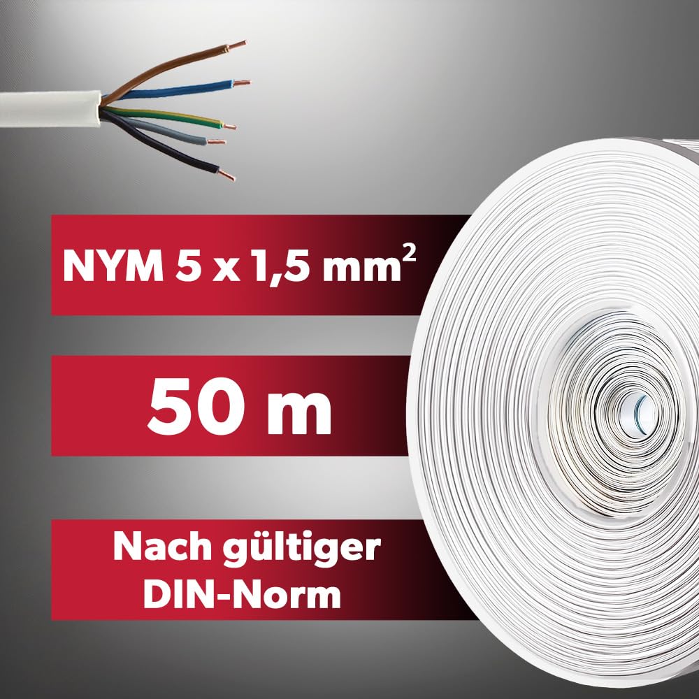 siwitec NYM-Kabel, NYM-J 5x1,5 mm², 50 m, Stromkabel, Mantelleitung, Installationskabel, Kabelring