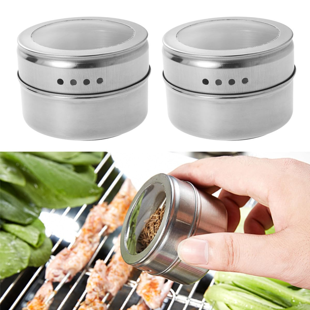 12 Latas Magnéticas de Acero Inoxidable para Almacenar Especias con Tapa Giratoria y Cedazo, Adecuado para Cocina y Organización