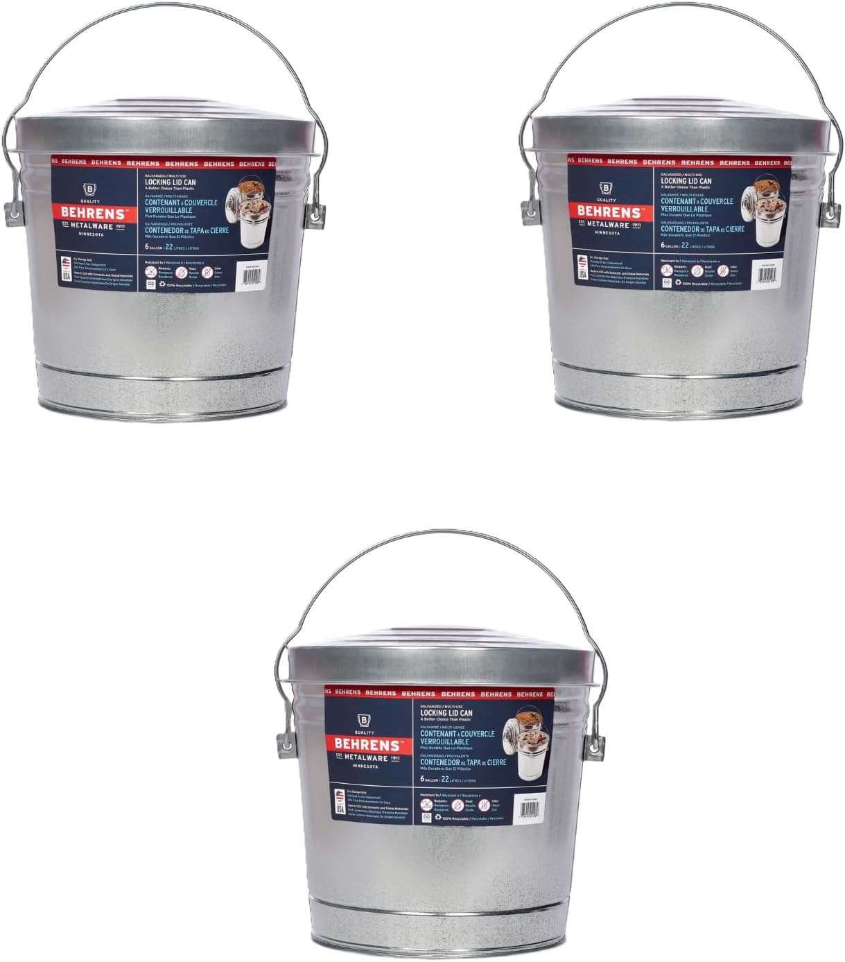 Behrens 6 Gallon Galvanized Steel Storage Can or Waste Bin w/Locking Lid & Handle (3 Cans, No Grip)