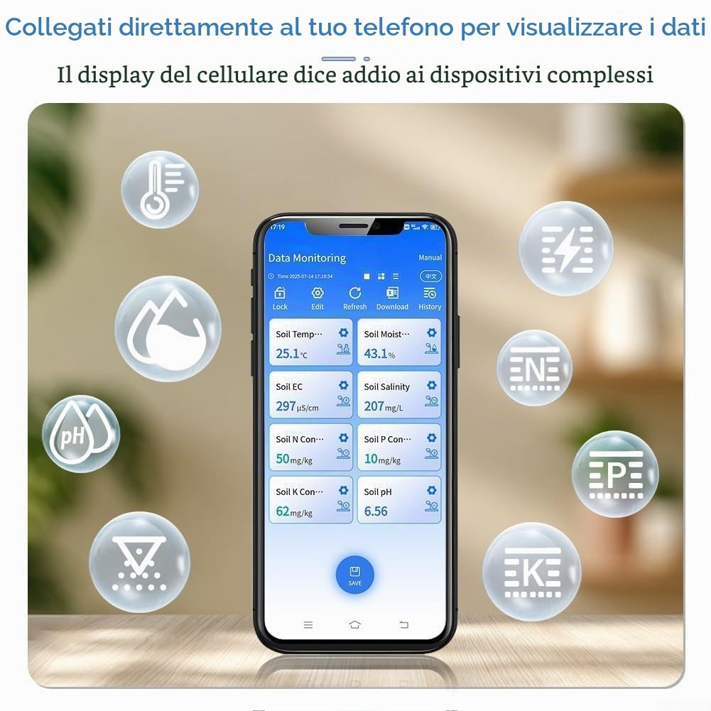 Sensore per terreno USB 7 in 1 con pH, temperatura, umidità NPK, misuratore per test del suolo con sonda resistente, monitor per la crescita delle piante da giardinaggio agricolo per Android