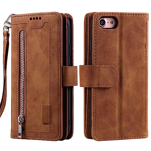 Étui en cuir marron à rabat, protection premium avec poche zippée