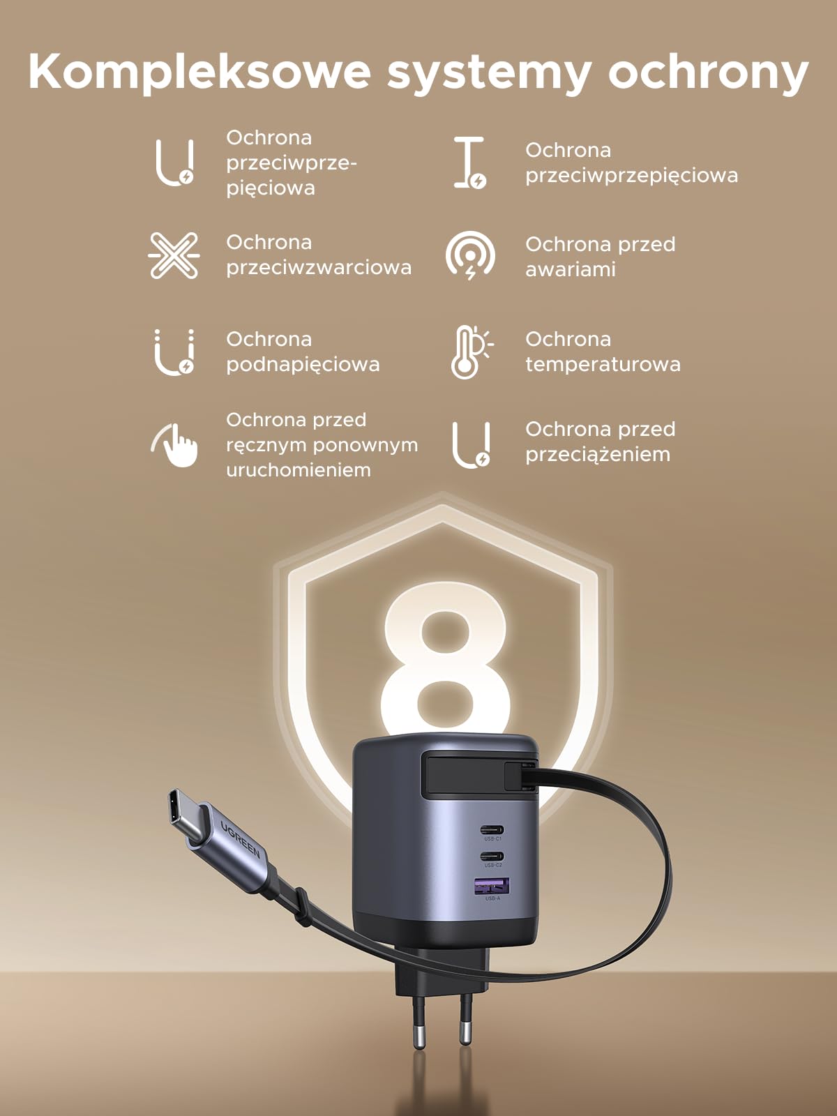 UGREEN Nexode Ładowarka USB-C 100W z chowanym kablem, 4-portowy zasilacz GaN ładowania laptopa, kompatybilna z MacBookiem Pro/Air, serią Galaxy S-A, iPhone'em 16-8, iPadami