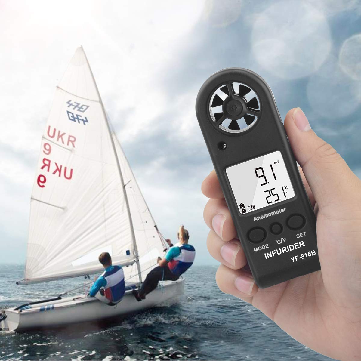 Anémomètre Numérique Portable INFURIDER YF-816B Compteur Anémomètre Vitesse avec Mesurer LCD Rétroéclairé+Température+MAX/AVG pour Vol de Drone, Alpinisme(2 Pack)