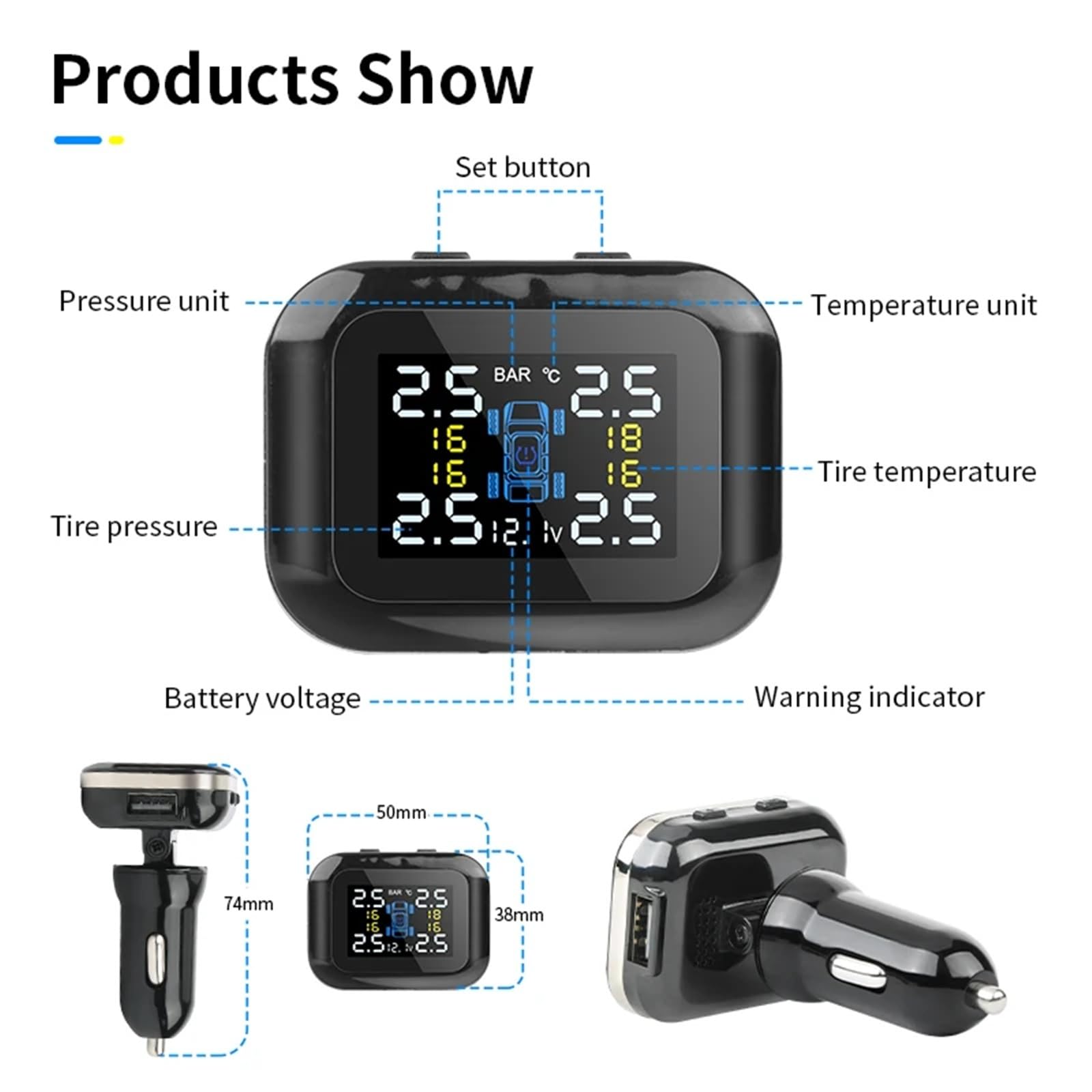 Sistema de Alarma neumáticos TPMS Digital USB Universal inalámbrico con 4 sensores internos externos for Encendedor Cigarrillos Coche(Internal sensors,TY02)