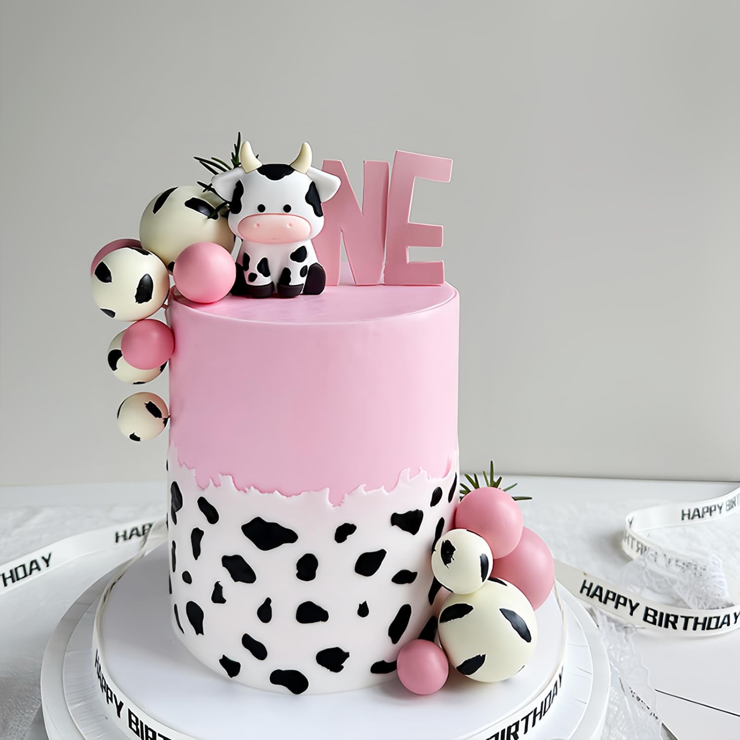 Cow-Themed Birthday Cake Decoration Set – 31 Pieces Including PVC Cow Figurine, Cow Spot Foam Balls in Various Sizes, Pink Foam Balls for Party Decorations