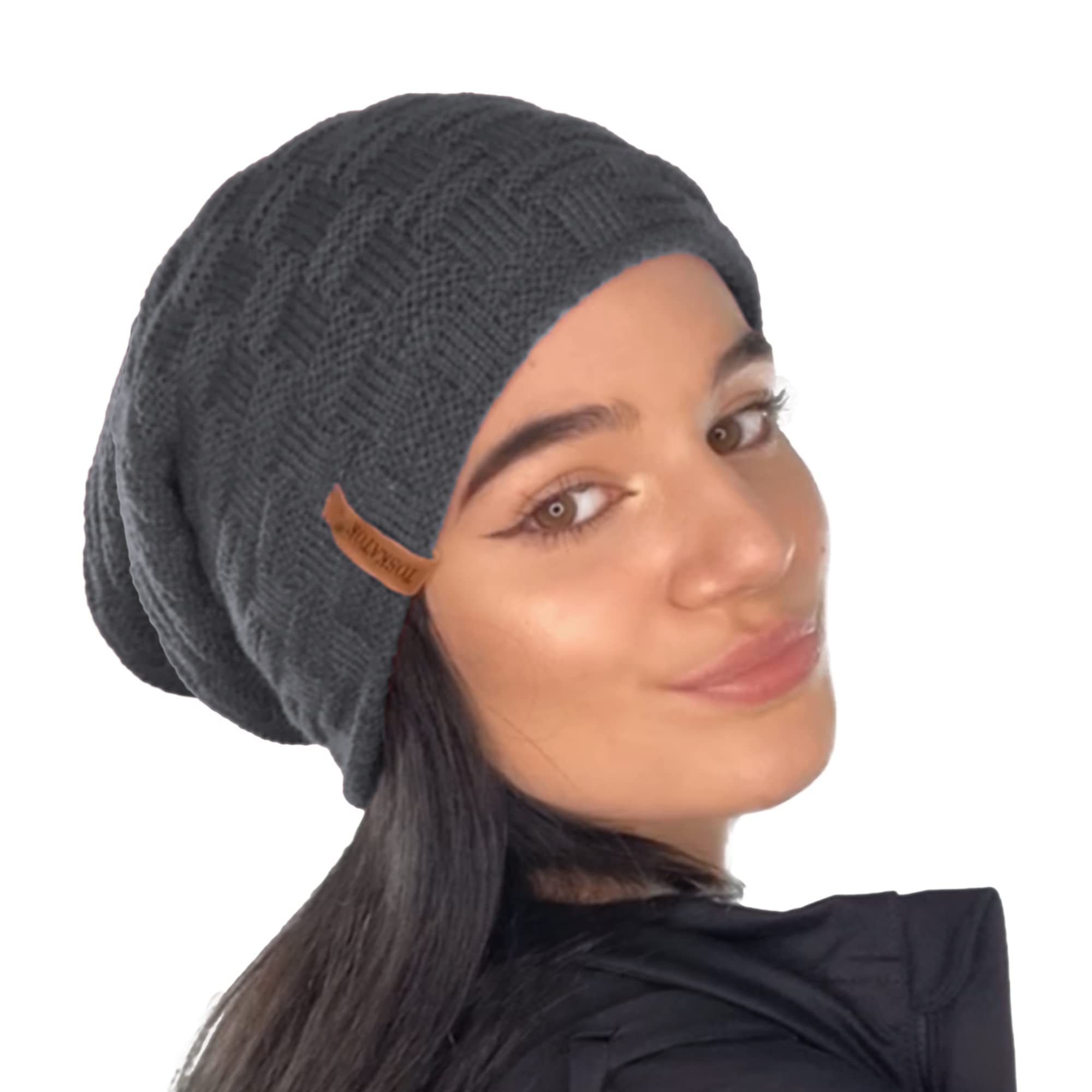 TOSKATOK® Ladies Mens Unisex Warm Winter Textured Knit Slouch Beanie hat with Cosy Faux Fur Teddy Fleece Liner-Grey