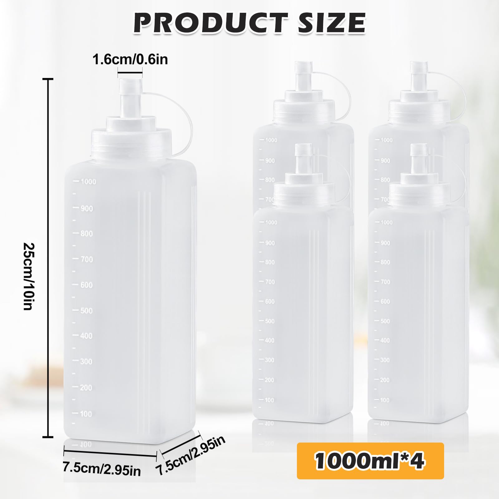 BORDEAG 4 bottiglie da spremere, bottiglia da 1000 ml con tappi, spremere Condiment, bottiglie vuote di plastica, bottiglie a spruzzo, salsa per ketchup, salsa, piccante, olio d'oliva